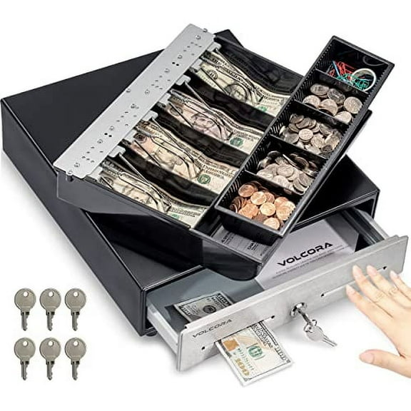 13" Manual Push Open Cash Register Drawer for Point of Sale POS System, Touch Panel Stainless Steel Front, Black Heavy Duty Till 4 Bills 5 Coin, Key Lock, Fully Removable Money Tray Double Media Slots