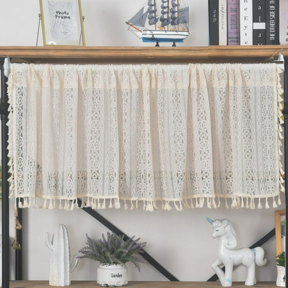 Curtain Tiers, Lace Valance Window Topper Curtain with Tassels, Crochet Window Curtains for Cafe, Bathroom, Kitchen, Farmhouse, Bedroom Rod Pocket Curtains 1 Panel
