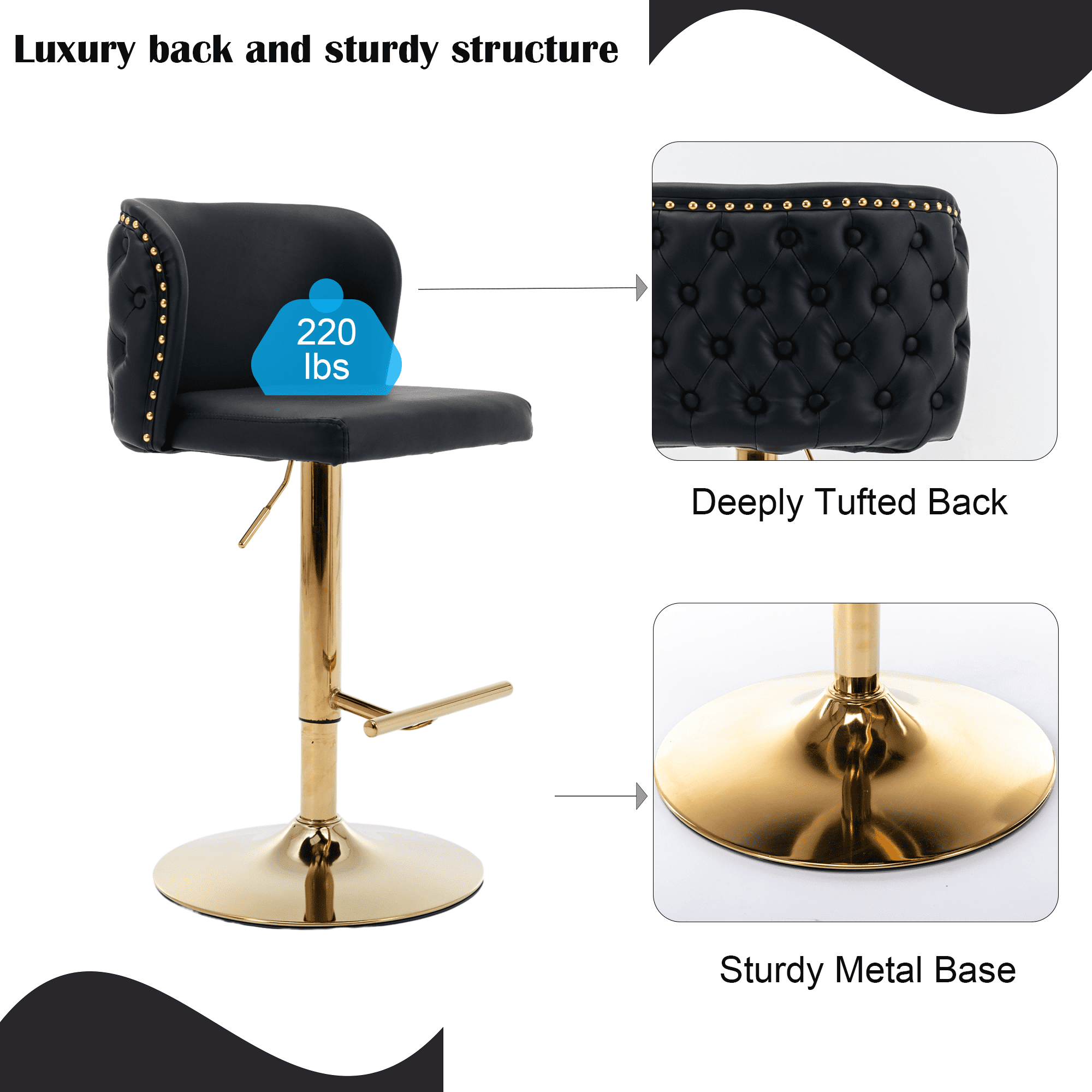 Round Kitchen High Bar Chairs with Golden Base PU Upholstered Bar Stool Chair Height Adjustable from 25-33 Inch Counter Chair with Back Swivel Barstool with Footrest for Kitchen (Set of 4)