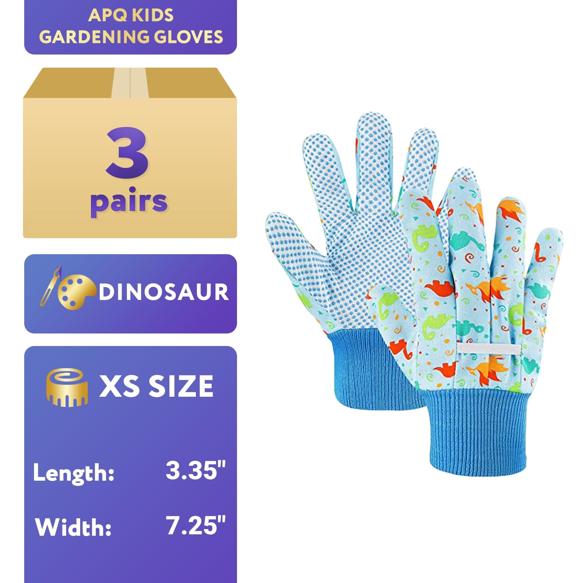 Blue Kids Gardening Gloves, Dinosaur Print Poly/Cotton, 3 Pairs, X-Small