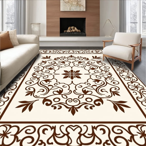 ODIKA 4'x6' Machine Washable Non-Slip Area Rug, Floral Vine Design with Interlocking Botanical High Traffic Rug, Brown, 562321