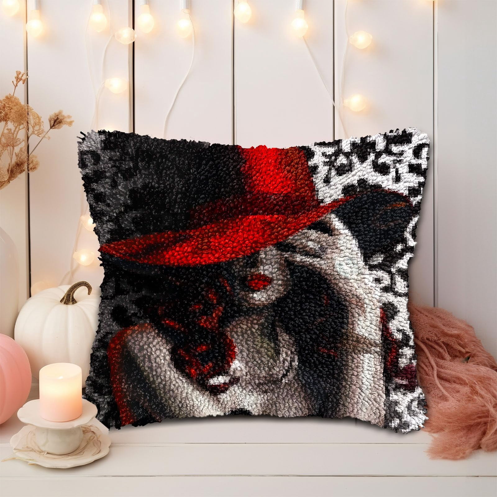 Woman with Red Hat DIY Latch Hook Pillow Kits for Adults Printed Pillowcase Crochet Yarns Hooking Handmade Pillow Cover Cushion for Home Sofa Decoration 17x17inch
