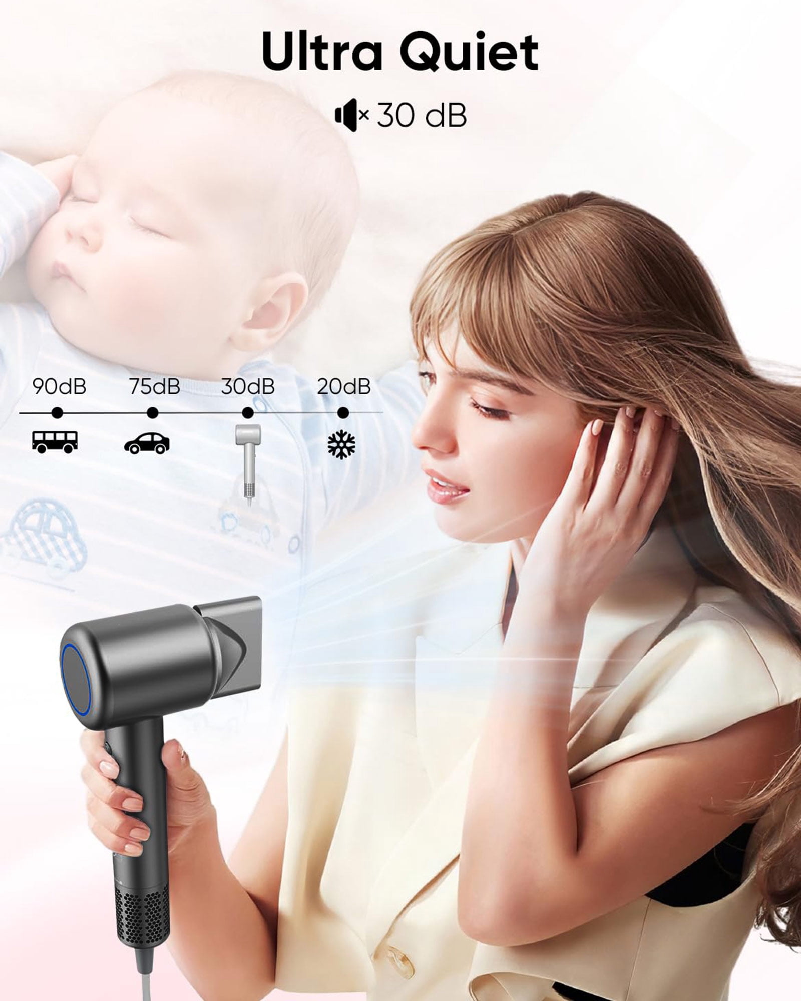 Hair Dryer, High-Speed Ionic Low Noise Blow Dryer with Brushless Motor for Fast Drying, Thermo-Control Quiet Compact Hair Blow Dryer with Magnetic Diffuser for Curly Hair for Home Travel Salon