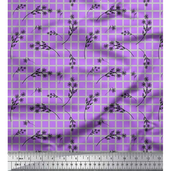 Soimoi Purple Cotton Voile Fabric Floral & Check Printed Craft Fabric by the Yard 42 Inch Wide