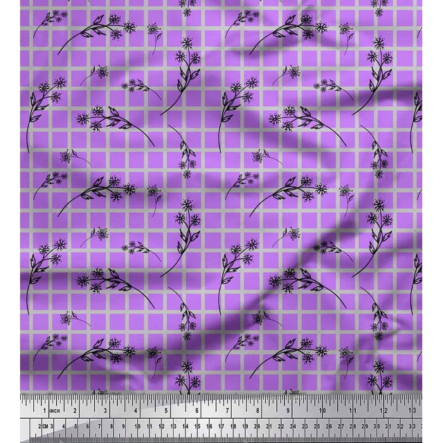Soimoi Purple Heavy Satin Fabric Floral & Check Printed Fabric 1 Yard 54 Inch Wide