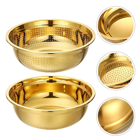 VERDANVERSE Fine Mesh Strainer Basket Drainer and Bowl Golden Stainless Steel 1Set