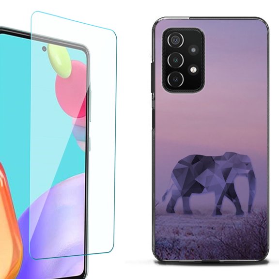 Slim-Fit Flexible TPU Gel Phone Case (black) for Samsung Galaxy A52 5G, with Tempered Glass Screen Protector, by OneToughShield ® - Twilight Elephant