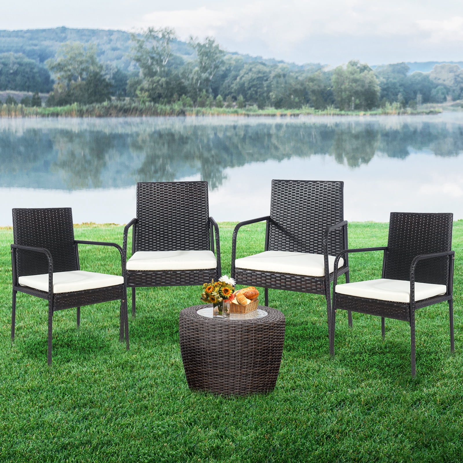Patiojoy 4 PCS Patio Wicker Rattan Dining Chairs Outdoor Arm Cushioned Seats Armrest Garden