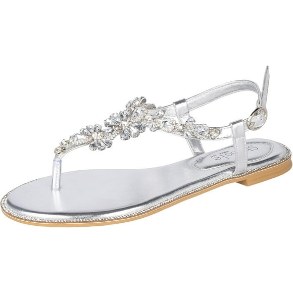 SHIQI-Women's Sparkly Rhinestone Flat Sandals Open Toe T-Strap Dressy Bridal Wedding Shoes