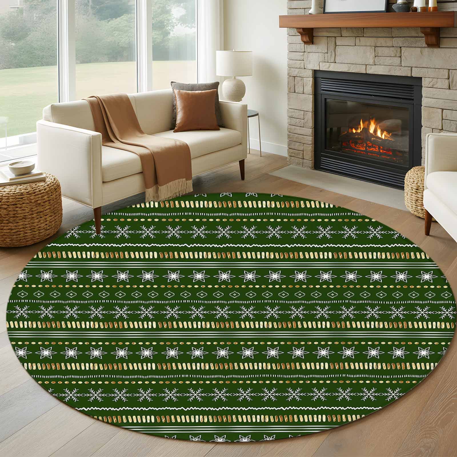 Round Rugs 5Ft Green Christmas Round Area Rug Washable Indoor Throw Carpet White Snowflake Yellow Geometric Abstract Soft Non Slip Circle Rug for Cabinet Bathroom Home Decor Aesthetic