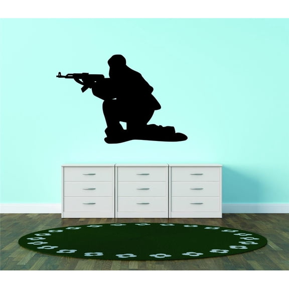 Design With Vinyl Artwork Army Man On Knees Tactical Infantry Wall Decal for Boys - Military War Cargo Helicopter Battle Combat Themed Décor - Size: 32 In x 32 In