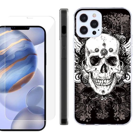 Slim Fit Protective Phone Case for Apple iPhone 12 / iPhone 12 Pro, with Tempered Glass Screen Protector, by OneToughShield ® - Grunge Skull