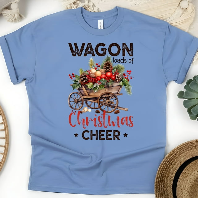 Wagon Chemise de Cheerleader de Noël / T-Shirt Graphique Rustique de Vacances, CarolinaBlue, Taille m
