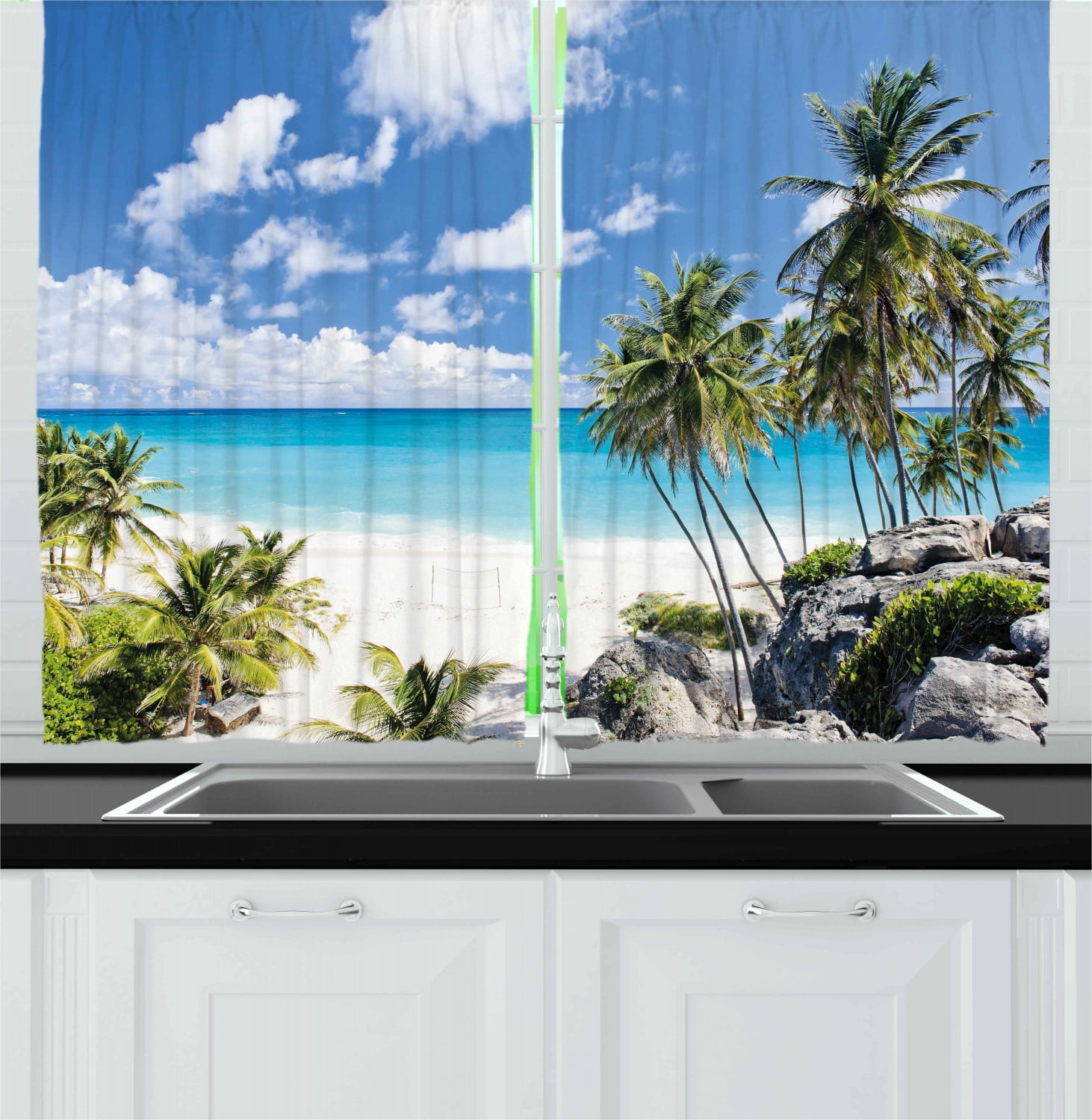 Summer Curtains 2 Panels Set, Bottom Bay Barbados Beach Tropical Palms Ocean Holiday Paradise Coast Charm Picture, Window Drapes for Living Room Bedroom, 55W X 39L Inches, Multicolor, by Ambesonne