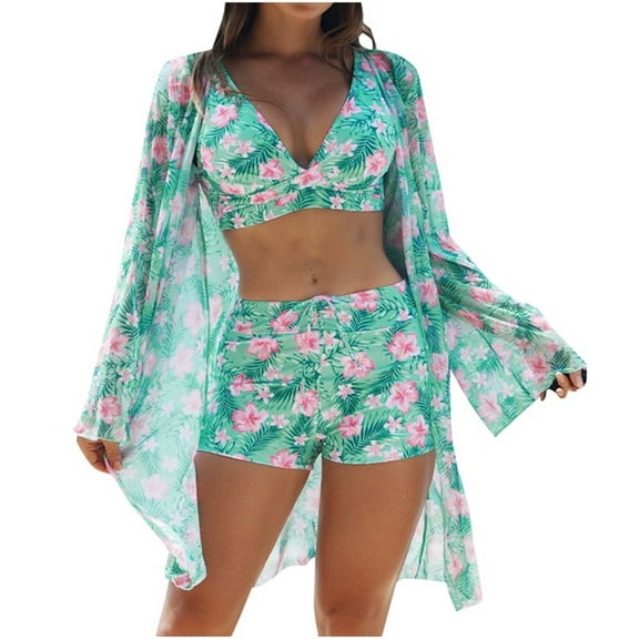 Enjoytime Bikini Sets for Women Floral Printed V Neck Tummy Control Bathing Suit with Cover Up Modest 3 Piece Swimsuit