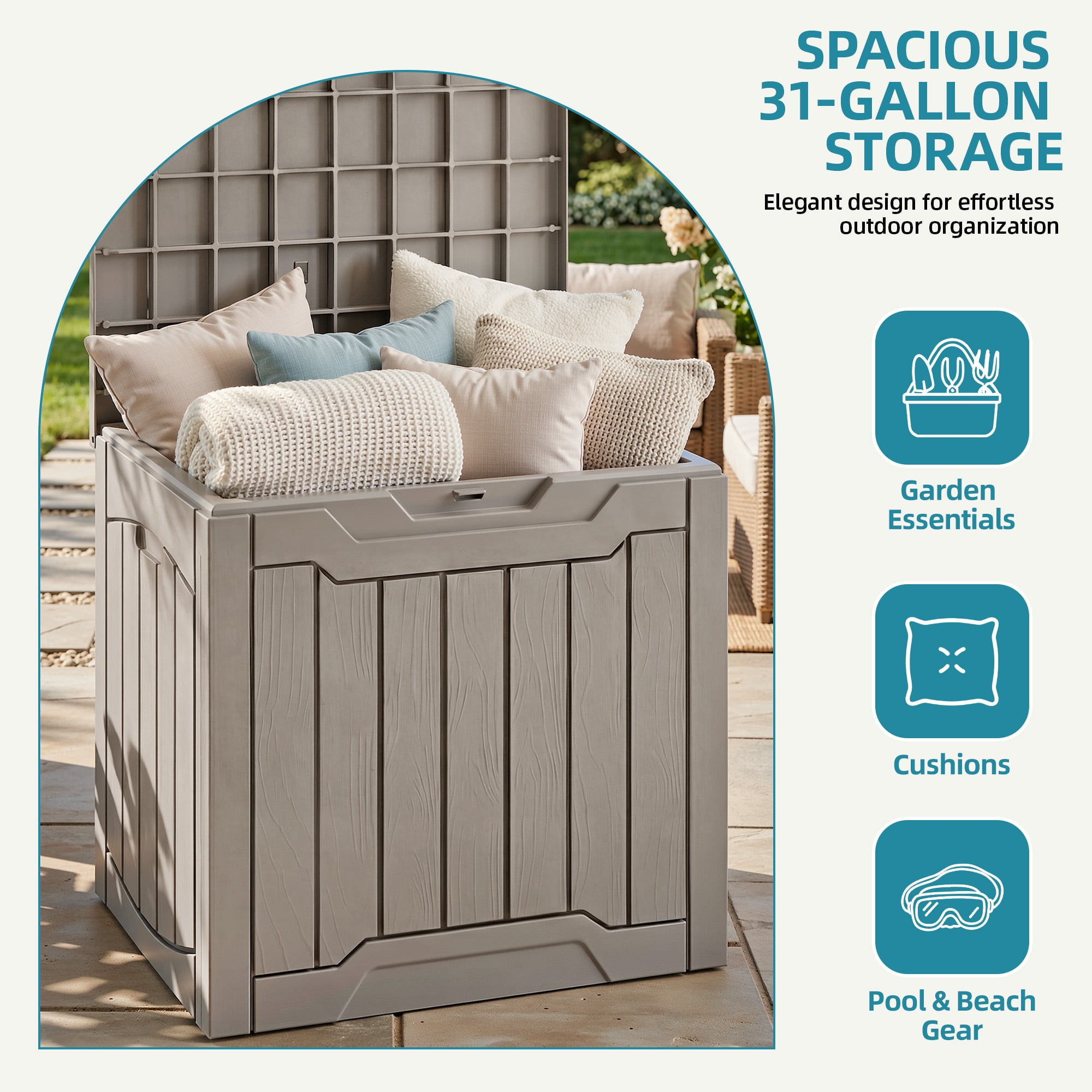 Uforic 31 Gallon Waterproof Resin Outdoor Storage Box, Lockable Deck Box & Package Delivery Box for Patio, Garden Tools & Pool Supplies, Light Brown