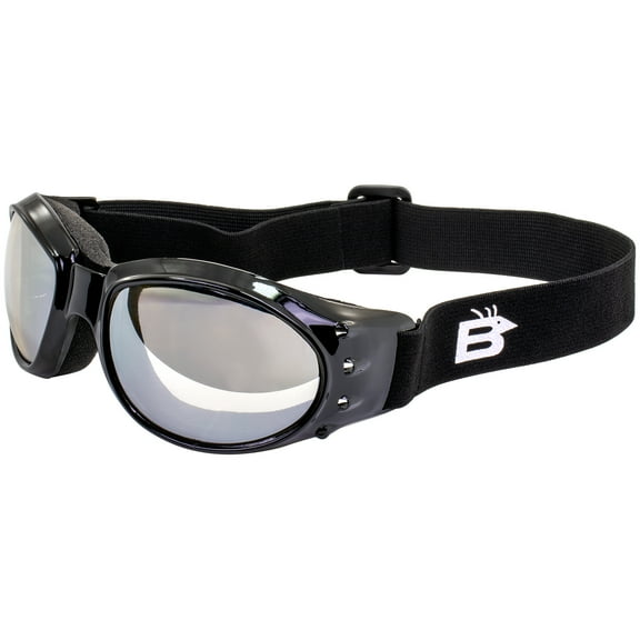 Birdz Eyewear Eagle Padded Motorcycle Airsoft Goggles Gloss Black Frames with Anti-Fog Driving Clear Mirror Lens