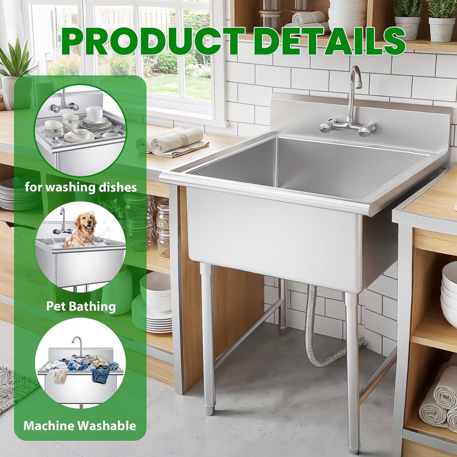 27 Inch Stainless Steel Freestanding Single Bowl, Kitchen Utility Sink Washing Hand Basin Utility Sink Laundry Sink Cleaning Sink with 360°Rotate Faucet for Kitchen, Outdoor & Restaurant