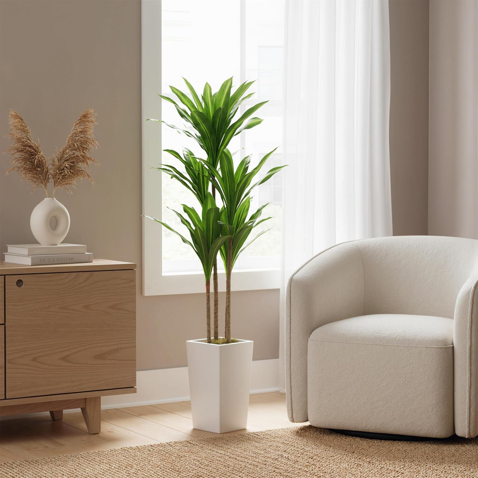 Accreate Faux Banana Tree Artificial Plant, Fake Potted Tropical Evergreen with Tall White Planter for Living Room, Entryway, Porch, or Office