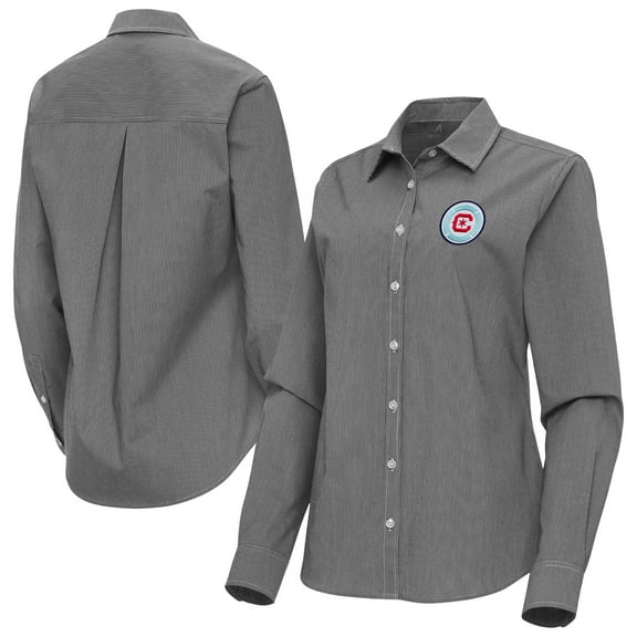 Women's Antigua Black Chicago Fire Porter Woven Tri-Blend Long Sleeve Button-Up Shirt