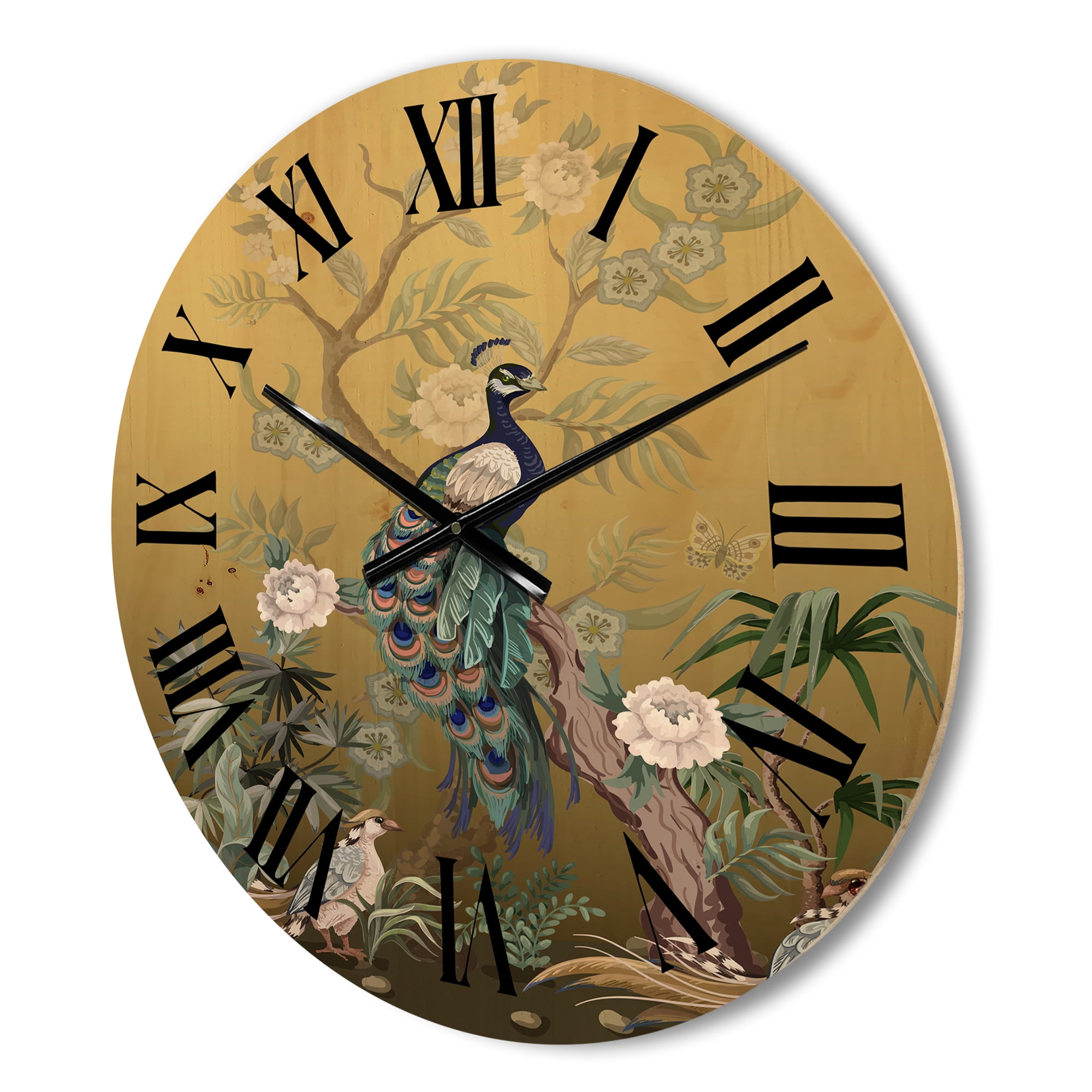 Designart 'Chinoiserie With Peonies and Birds VI' Traditional Wood Wall Clock