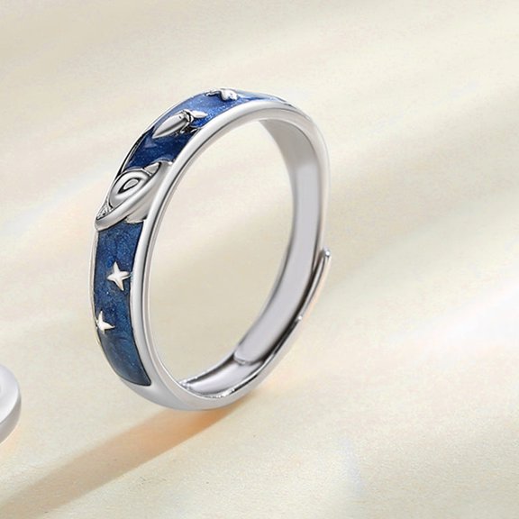 Astronaut Ring for Couples Adjustable Opening 925 Silver Ring with Colored Glaze Stone Creative Cartoon Ring Jewelry Gift for Him and Her