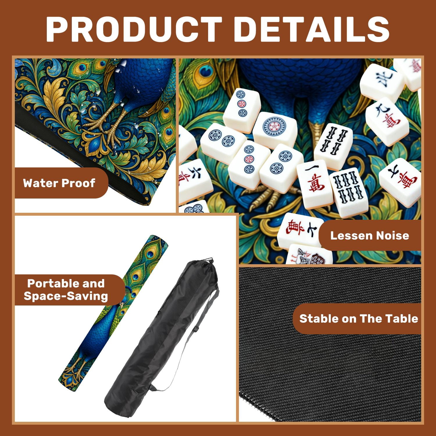 Mahjong Mat 31.5" x 31.5" Vibrant Peacock Colorful Feather Display Intricate Mandala Non-Slip Noise Reduction Mahjong Tiles Table Cover for Dominoes Poker Card Board and Tile Games