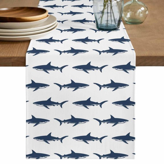Blue Coastal Shark Table Runner 72 Inches, Ocean Sea Nautical Bed Runner Dresser Scarves Tabletop for Indoor Outdoor Parties/Ceremony/Banquet, 14" x 72"