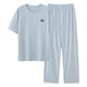 thumbnail image 2 of Mens Botón Abajo Camisa de Manga Corta Arrugas Libres Sólido Cuello Redondo Suéter con Pantalones Sueltos de la Cintura Conjunto, 2 of 7