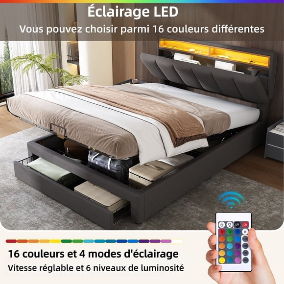 Queen Size (60''×80'') Upholstered Hydraulic Storage Bed - Headboard with LED Lighting, Built-in Drawers & Under-Bed Compartments, Stowable Headboard, Linen Fabric, Grey