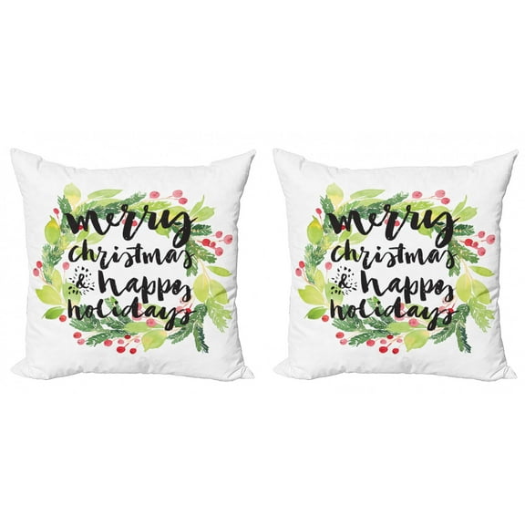 Ambesonne Christmas Throw Pillow Cover 2 Pack, Wreath Red Berries, 16", White Green