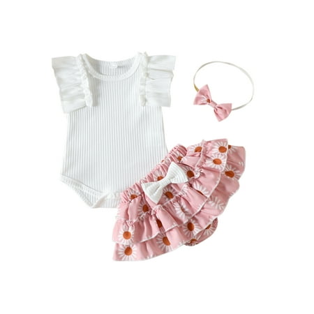 

Qtinghua Newborn Baby Girls Summer Outfits Ruffle Sleeve Ribbed Romper Floral Shorts Headband Casual Clothes
