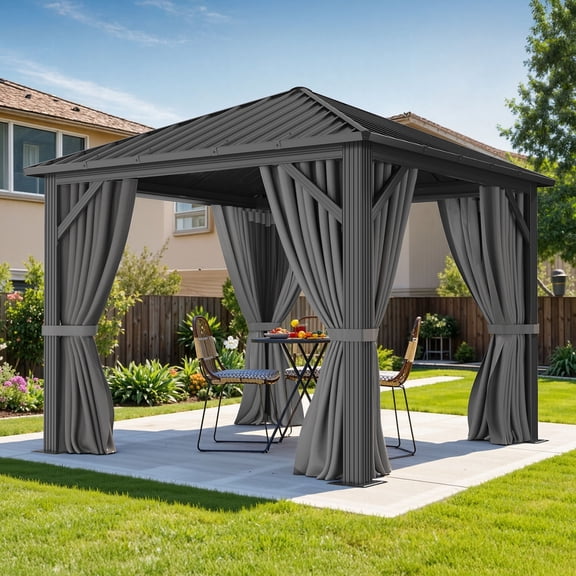 Dextrus 10x10FT Hardtop Gazebo with Nettings & Gray Curtains,Outdoor Single Top Canopy Galvanized Iron Aluminum,Sunshade for Garden, Patio, Lawns, Black&Gray