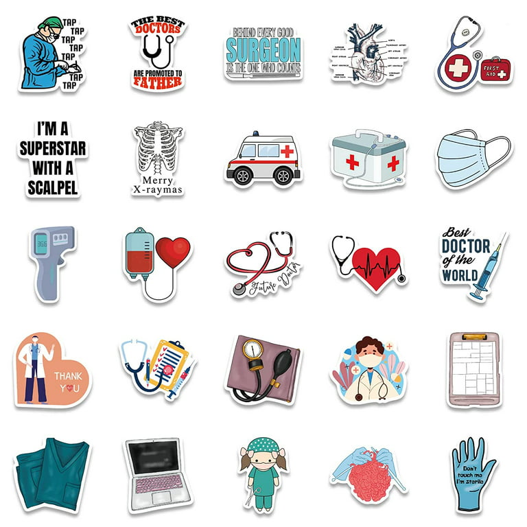 50Pcs Medical Stickers, Doctor Nurse Stethoscope Waterproof Vinyl Stickers