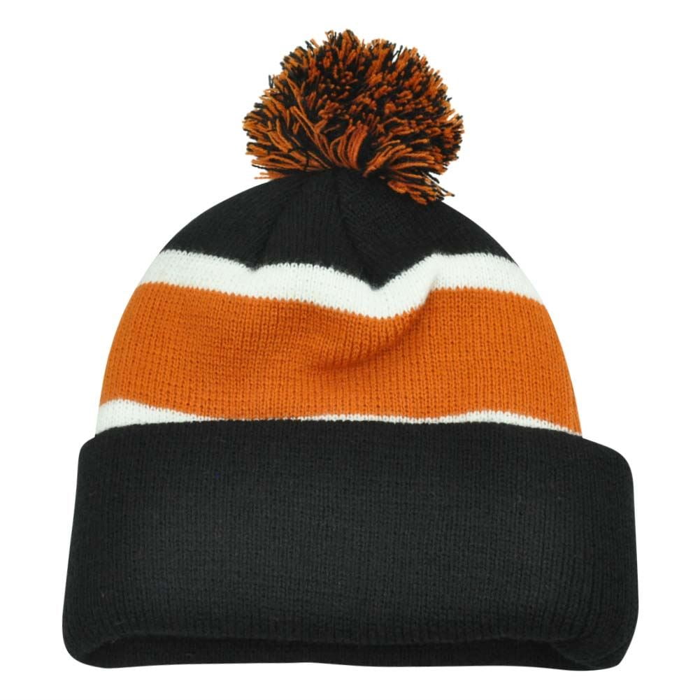 Plain Blank Striped Cuffed Beanie Pom Pom Knit Skully Toque Black Burnt
