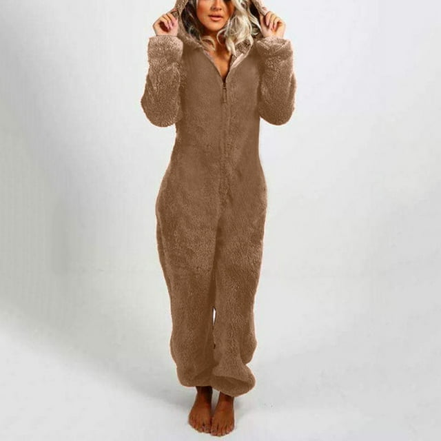 Combinaison de Noël pour Femmes à Manches Longues avec Capuche, Pyjama Décontracté d'Hiver Chaud, Combinaison de Nuit, Grande Taille, Barboteuse pour Femmes Rondes en Liquidation