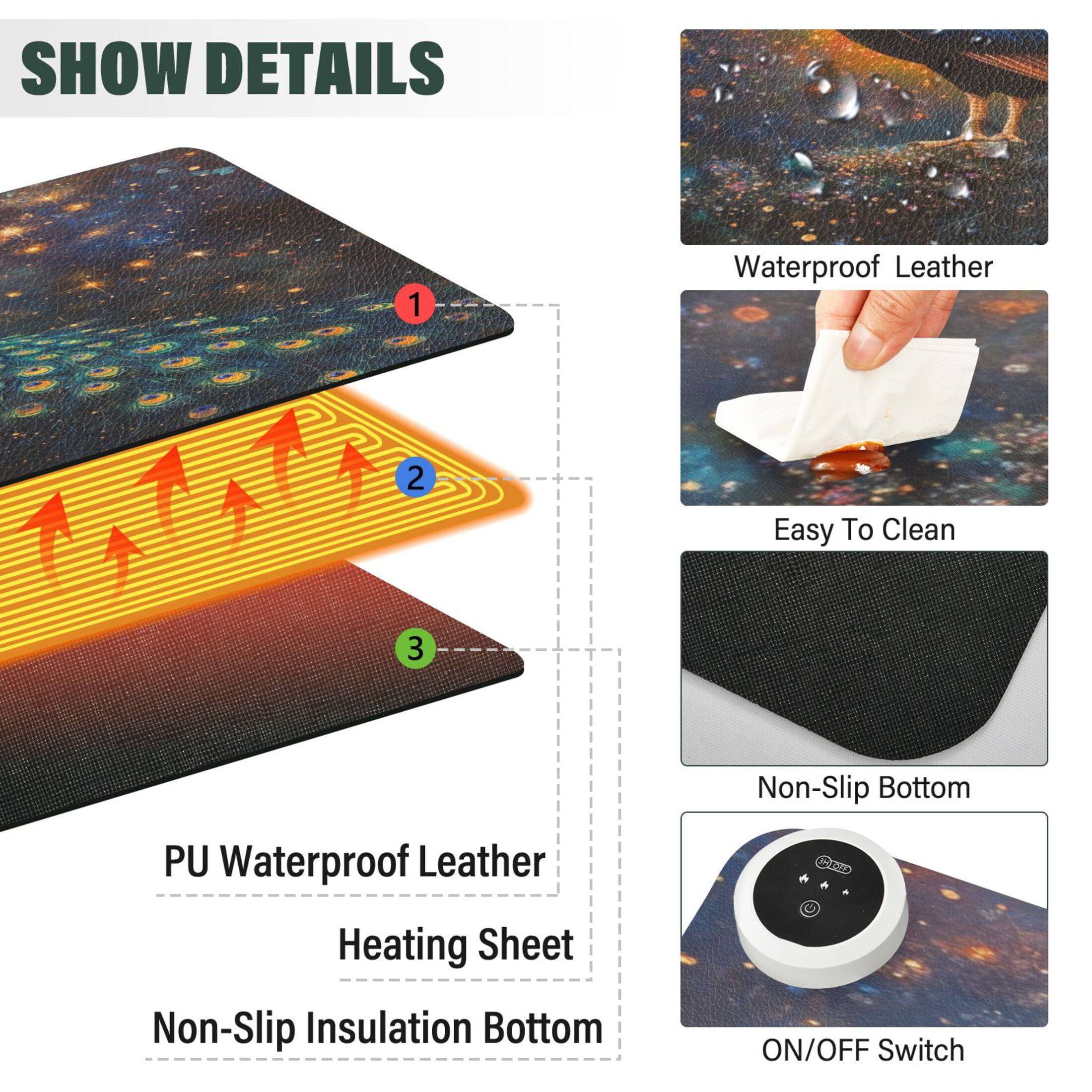 Wobogo Peacock Of Stars Heated Mouse Pad Extra-Large Desk Mat With 3 Heating Levels and 3-hour Auto Shut-Off Protection Ideal for Computer Keyboards Home Office Hand-warming Essential 31.5in × 13in