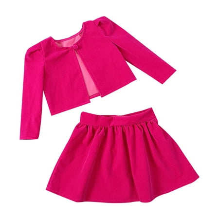 

GWAABD Summer Dresses Outfits Hot Pink Cotton Kids Toddler Baby Girls Autumn Winter Solid Cotton Long Sleeve Coat Jacket Skirts Set Outfits Clothes 3Y