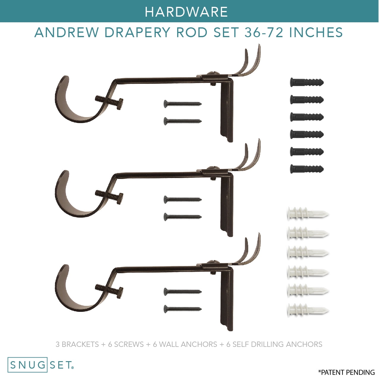 SnugSet 1" Bronze Andrew Square Adjustable Single Curtain Rod, 36"-72"