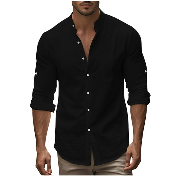 Wyobmus Mens Button Down Shirt Cotton Linen Casual Long Sleeve Shirts Solid Turtleneck Loose Fit T-Shirt Black