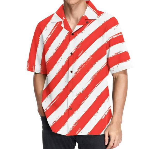 joogoo Men's Hawaiian Shirt Red and White Art Stripes Short Sleeve Casual Button Down Shirts M