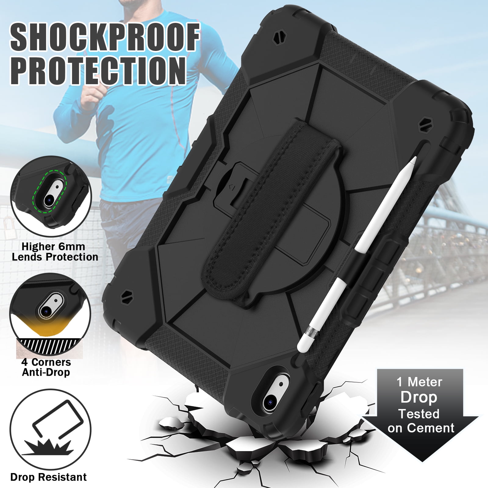 ELEHOLD Rugged Hybrid Case for iPad 11th Gen (A16) 2025 11-inch,with Built-in Kickstand 360° Rotating Handstrap Pencil Holder Crossbody Shoulder Strap Shockproof Heavy Duty Case,Black