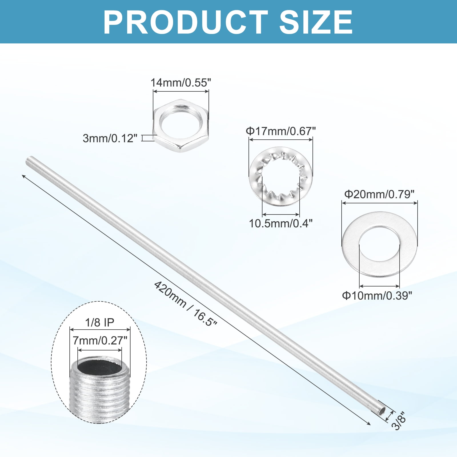 Uxcell 28Pcs 16.5" Lamp Pipe Kit with Nuts Washers 1/8IP Thread Fasteners Assortment for Chandelier Ceiling Light Repair Assembly DIY Hardware