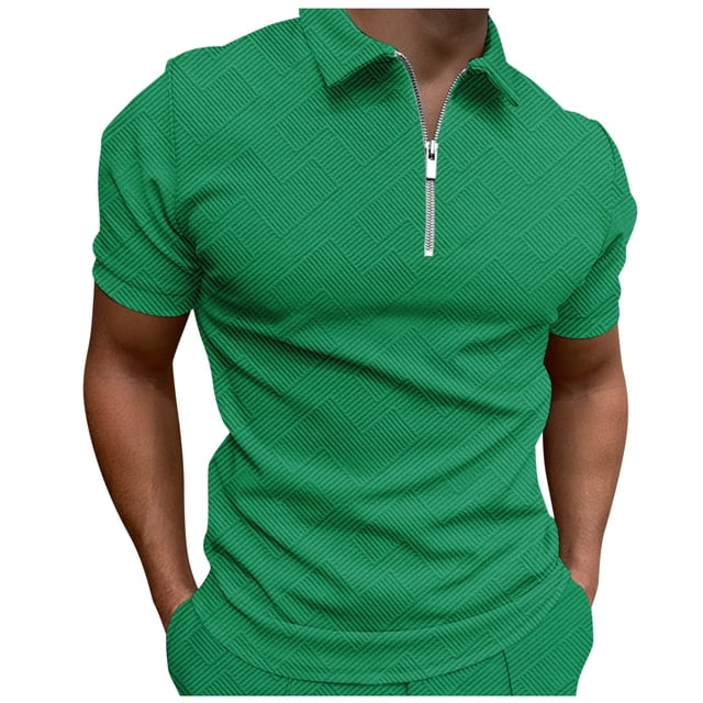 Men's Shirts - Classic Jacquard Short Sleeve Top with Geometric Print Solid Color Lapel Zip Closure for Spring and Summer