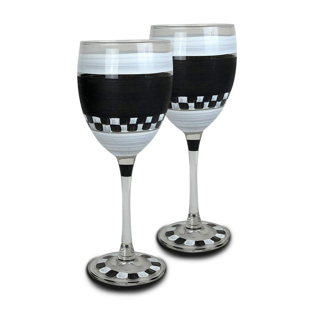Set of 2 Black and White Checkered Wine Glasses 8"