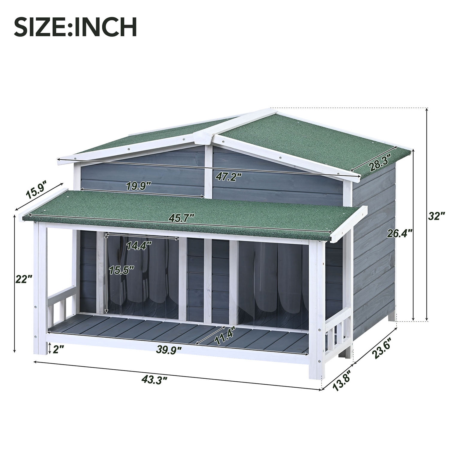 Kadyn 47.2" Dog House, Large Wooden Dog House with Porch and 2 Doors, Outdoor & Indoor Dog Crate for the Porch or Deck, Gray Kadyn 47.2" Dog House, Large Wooden Dog House with Porch and 2 Doors, Outdoor & Indoor Dog Crate for the Porch or Deck, Gray