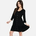 thumbnail image 6 of Women's V-Neck Button-Front Babydoll Dress with 3/4 Sleeves and Tiered Ruffle Hem - Large, Black, 6 of 7