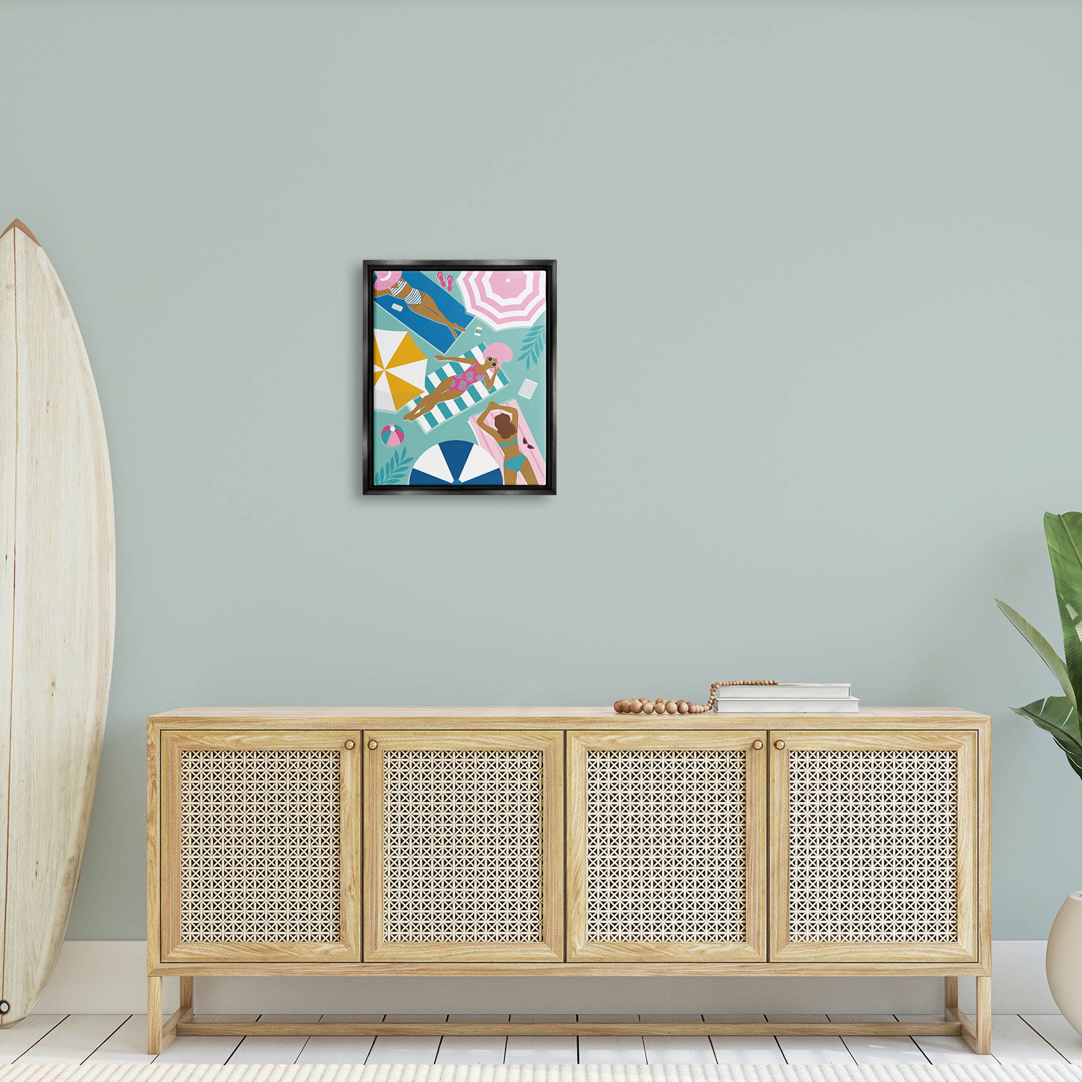 Modern Summer Sunbathing Girls Coastal Graphic Art Jet Black Framed Art Print Wall Art