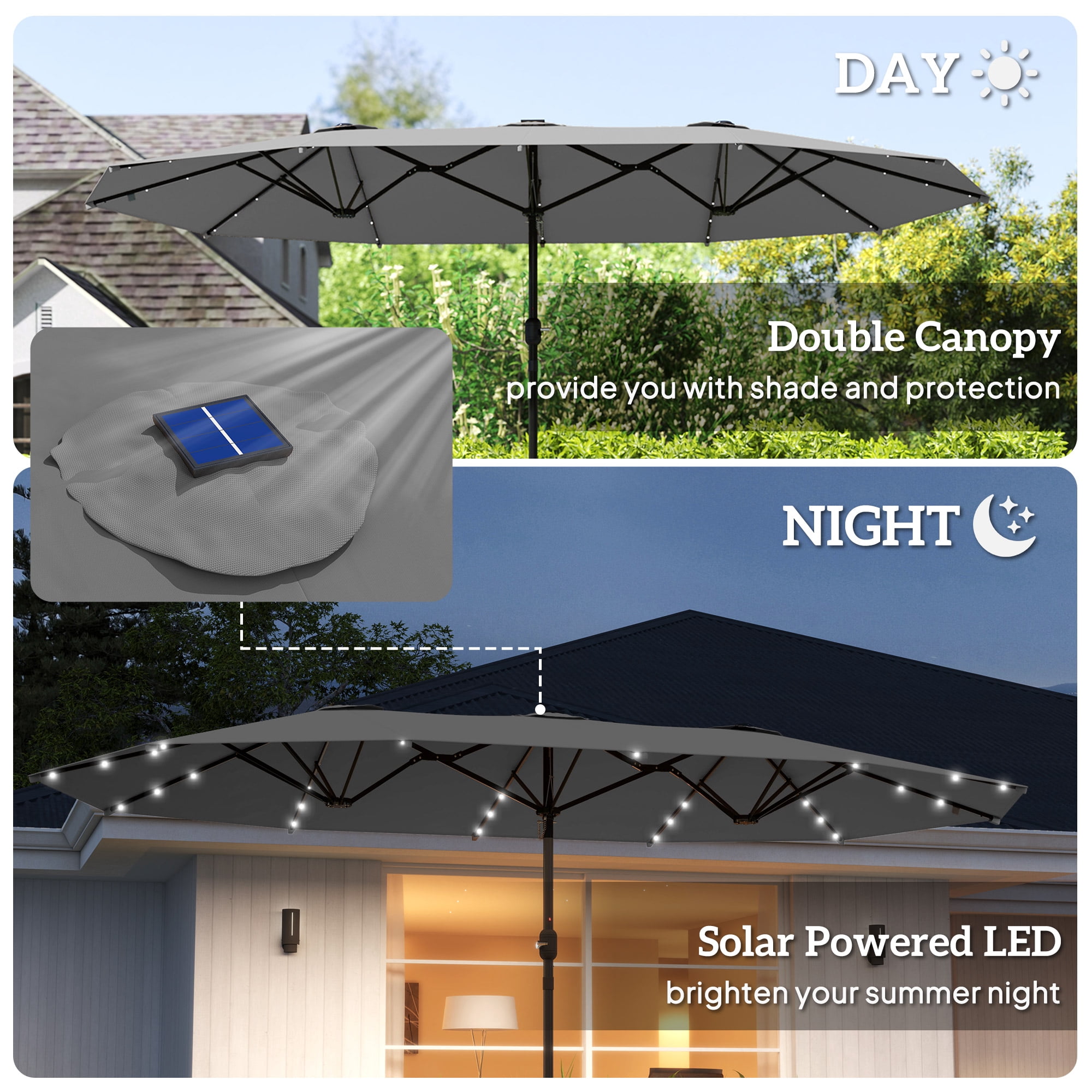 Outsunny Double-Sided Sun Umbrella, Outdoor Garden Parasol, Patio Sun Shade with LED Solar Light, Sand Base, Gray