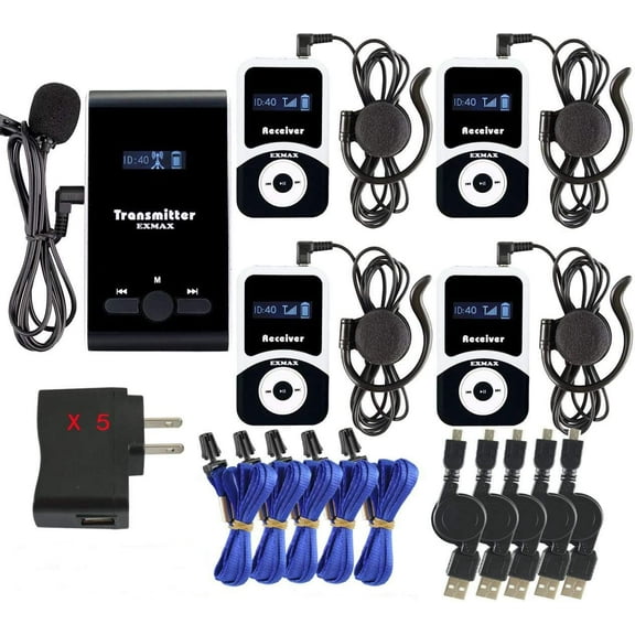 EXMAX ATG-100T 195MHz Wireless Tour Guide Acoustic Audio Voice Transmission System Microphone Earphone Headset for Church Translation Simultaneous Interpreting Tour Travel1 Transmitter 4 Receivers